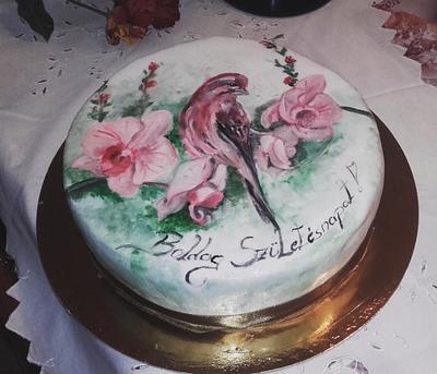 Bird and orchid hand painted cake - Cake by EmyCakeDesign