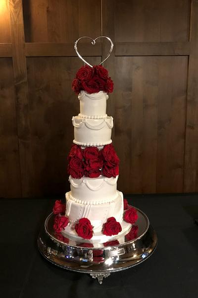 White Wedding with Swags & Red Roses - Cake by It Takes The Cake