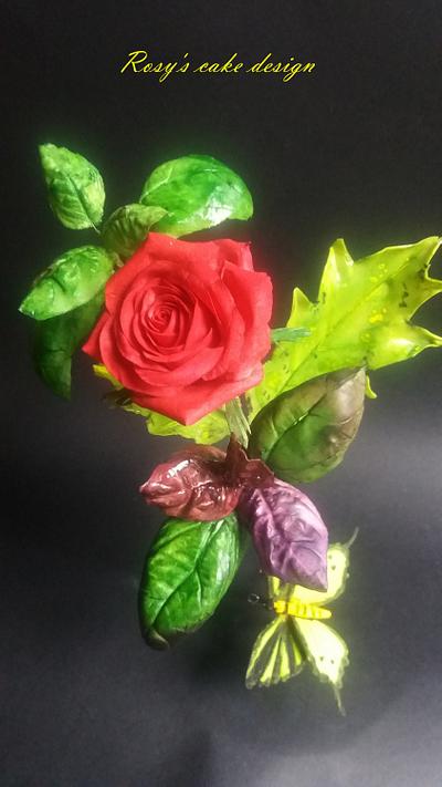 baccarà red rose , basil green and violet, ornamental leaves - Cake by rosycakedesigner