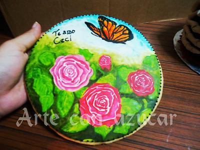 Cookie Butterfly and roses - Cake by gabyarteconazucar