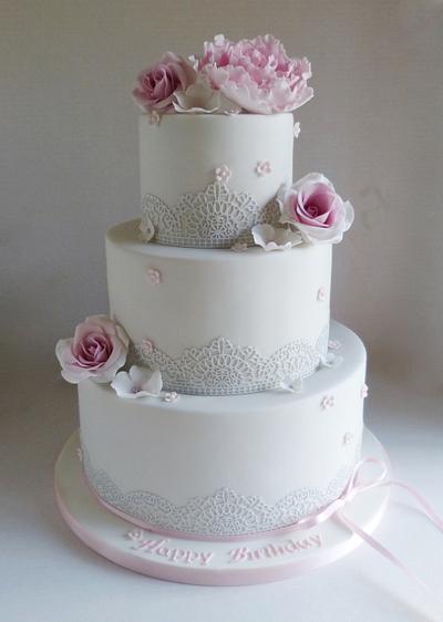 Pale grey with pink peony and roses - Cake by Angel Cake Design