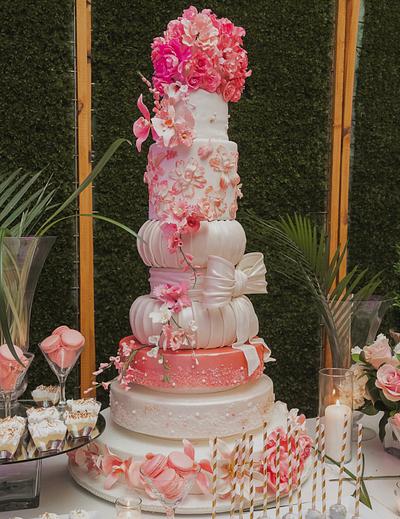 White and Rose Gold and Pink Wedding Cake - Cake by BunnyBakes