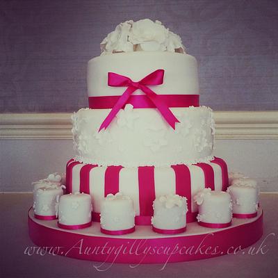 Pink & White Wedding Cake with mini Cakes - Cake by Gill Earle