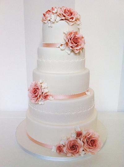 Roses and laces 5 tier Wedding Cake - Cake by Bella's Bakery