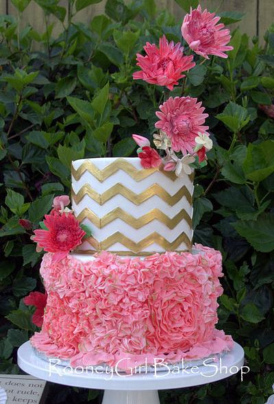 Chevrons, Frills, & Dahlias Wedding Cake - Cake by Maria @ RooneyGirl BakeShop