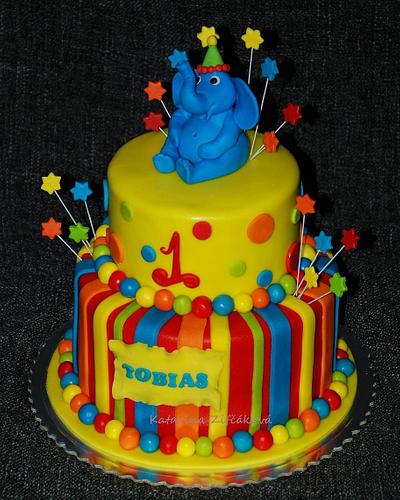 colourful cake with elefant...1st birthday - Cake by katarina139