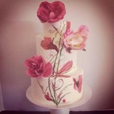 Painted Cake w/ Pink Flowers - Cake by Stephanie