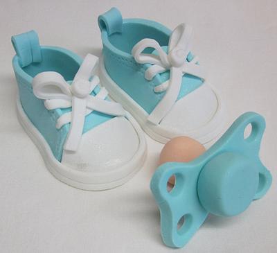 Gumpaste baby booties and pacifier - Cake by Steel Penny Cakes, Elysia Smith