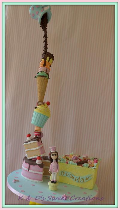 Gravity defying sweet treats tower cake!! - Cake by Konstantina - K & D's Sweet Creations