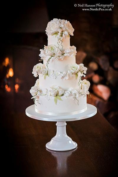 White rose and peony and Spring greens and sweet pea wedding cake  - Cake by Samantha Tempest