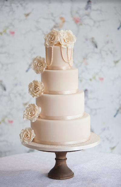 Vintage Ivory Roses and Pearls - Cake by Cakes by Deborah