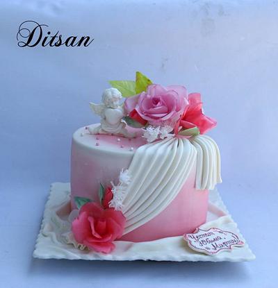 Pink cake with waffle flowers - Cake by Ditsan