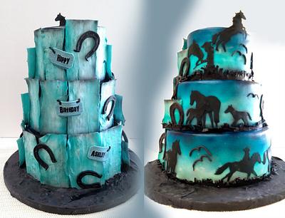 Front and Back teal silhouette horse birthday cake. - Cake by JustSimplyDelicious