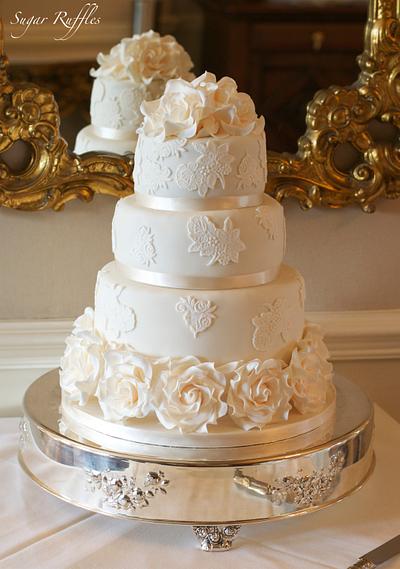 Ivory Rose & Lace Wedding Cake - Cake by Sugar Ruffles