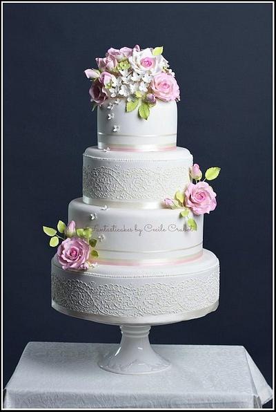 Flowers and Lace Wedding Cake - Cake by Cecile Crabot