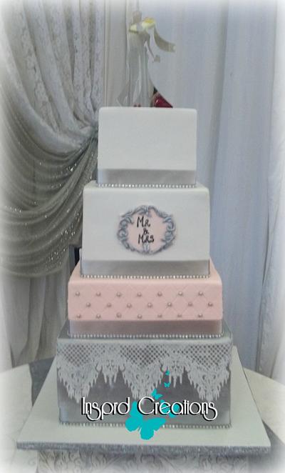 Salmon, white and silver wedding cake - Cake by Willene Clair Venter