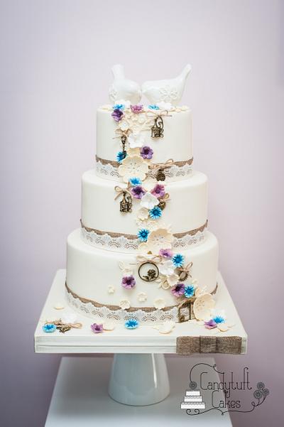 Burlap 'n' lace with a hint of Steampunk - Cake by Kathryn