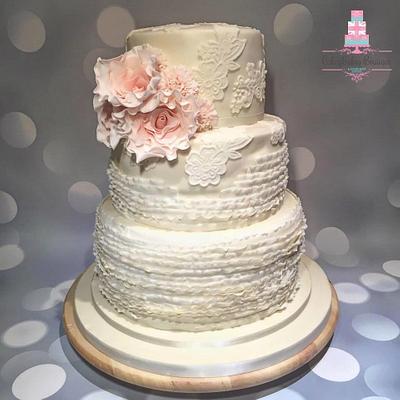 Ruffle and Lace wedding cake with blush pink ruffle roses - Cake by CakeyBakey Boutique