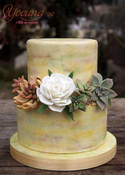 Tarta con Rosa y plantas Suculentas. - Cake with rose and Succulent plants. - Cake by Yolanda Cueto - Yocuna Floral Artist