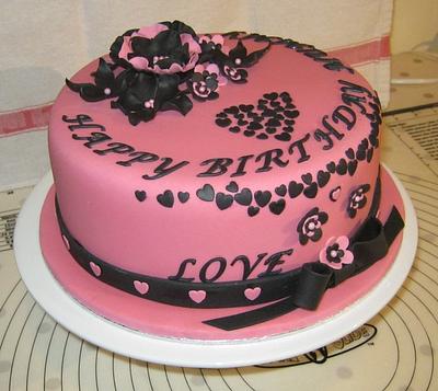 Pink & black birthday cake with hearts & flowers - Cake by Fondant Fantasies of Malvern