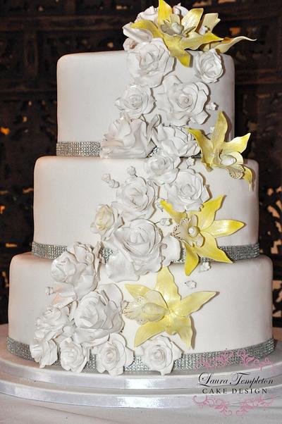 White Roses & Yellow Orchid Wedding Cake - Cake by Laura Templeton