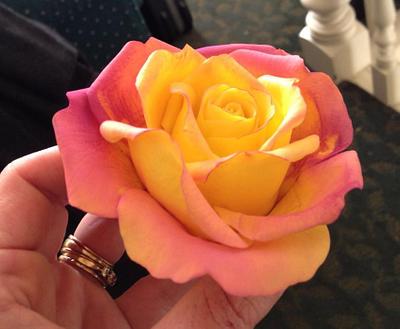 Just Playing!!! Yellow and Pink Gum Paste Rose - Cake by Lisa Templeton