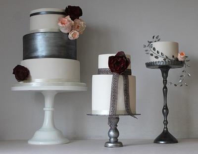 Trio of cakes with pewter shades, blush and deep red - Cake by Happyhills Cakes