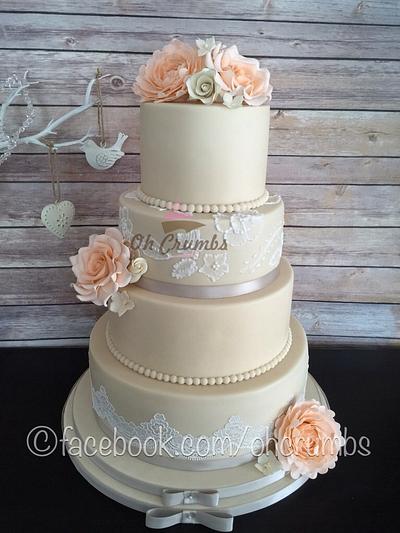Ivory and peach rose wedding cake  - Cake by Oh Crumbs