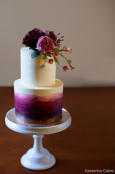 Dark ombré two tier cake with touches of gold and sugarpaste flowers. - Cake by Kasserina Cakes