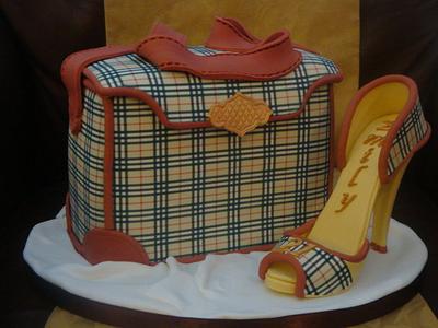 Burberry style handbag and high heel shoe - Cake by Claire