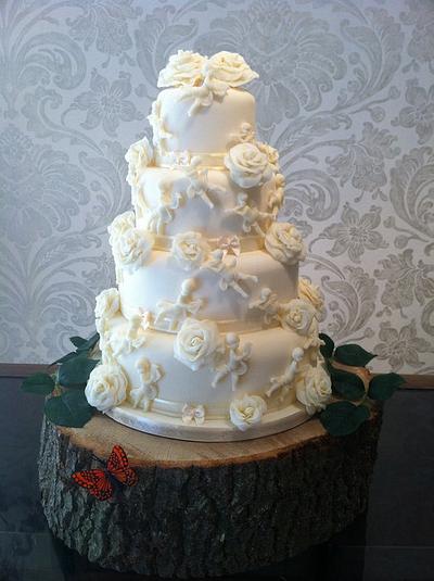 Whit Chocolate Cherub and Rose Wedding Cake - Cake by Nina Stokes