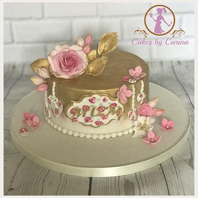 Floral rose and gold leaf cake - Cake by  Cakes by Carina