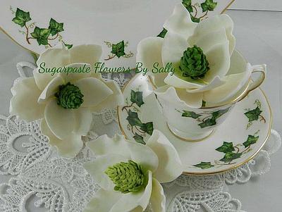 Magnolias in ivy leaf tea cups - Cake by SallyMack