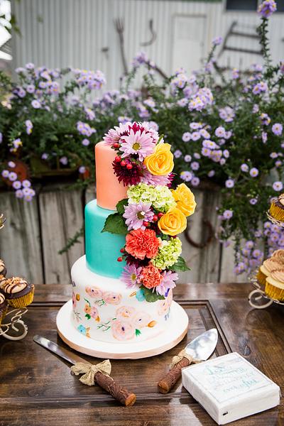 Hand-Painted Fresh Floral Wedding - Cake by Kendra's Country Bakery