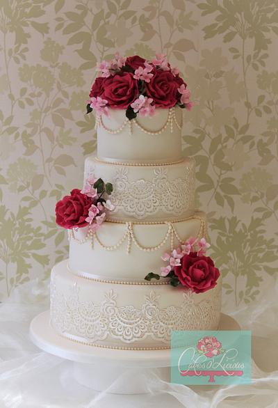 Hot Pink roses and antique lace wedding cake - Cake by Cakes o'Licious