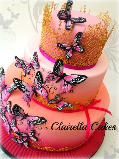 Pink Sunset Handpainted Butterfly Cake - Cake by Clairella Cakes 