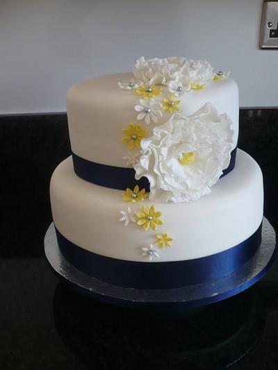 Wedding Cake flowers & blue ribbon - Cake by Debbie
