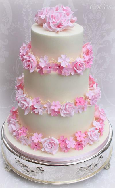 Pink cherry blossom and rose Wedding cake  - Cake by Lynette Brandl