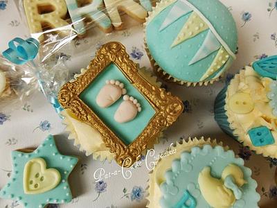 Vintage themed baby shower cupcakes and biscuits - Cake by Pat