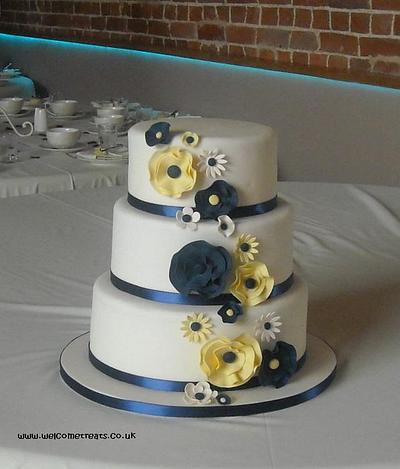 Abstract Flowered Navy & Yellow Wedding Cake - Cake by welcometreats