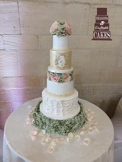 Vertical ruffles and rose wedding cake  - Cake by Dragons and Daffodils Cakes