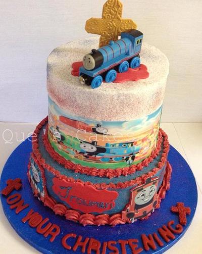 Thomas Tank Engine Christening  - Cake by Que's Cakes