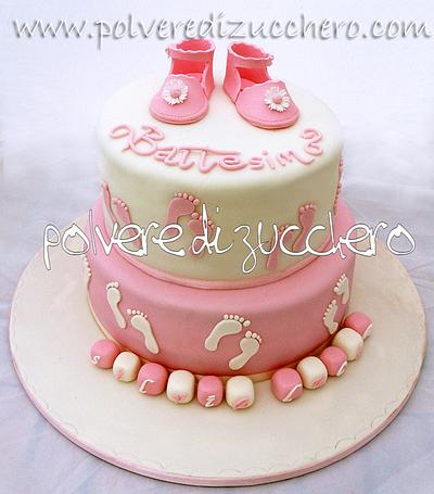 Christening cake with baby girl shoes - Cake by Paola