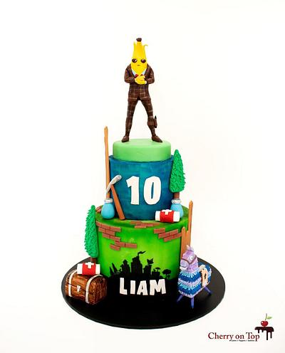 Fortnite Cake 🥳😎🍌🎂⛏💚💙 - Cake by Cherry on Top Cakes