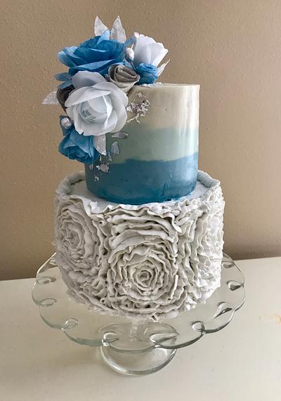 Ombré ruffle rosette cake with wafer paper roses - Cake by Misty