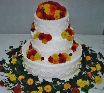 Buttercream wedding cake with mums - Cake by Nancys Fancys Cakes & Catering (Nancy Goolsby)