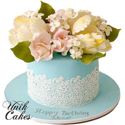 Elegant blue cake with sugar lace and sugar flowers - Cake by Masha Lipkovsky