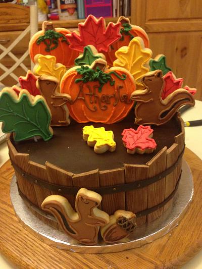 Fall Themed oak barrel (decorated Cookie) cake - Cake by LisaB