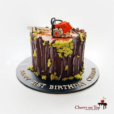 Log Cake and STIHL Chainsaw Topper - Cake by Cherry on Top Cakes