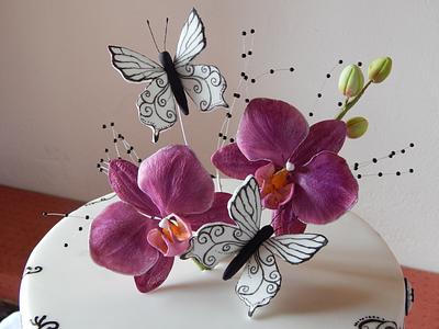 Magenta orchids Hand Painted Butterflies  - Cake by Elizabeth Miles Cake Design